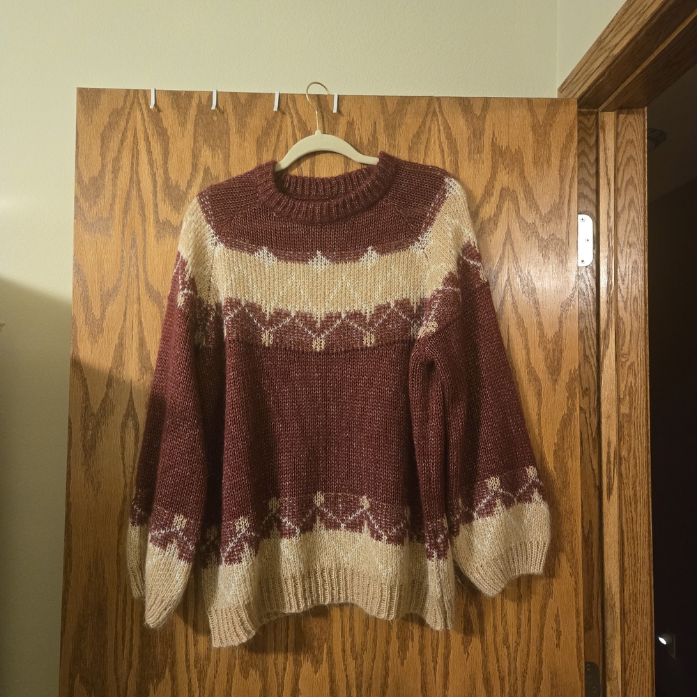 Women's Maroon Crewneck Sweater with Cream Fair Isle Detail